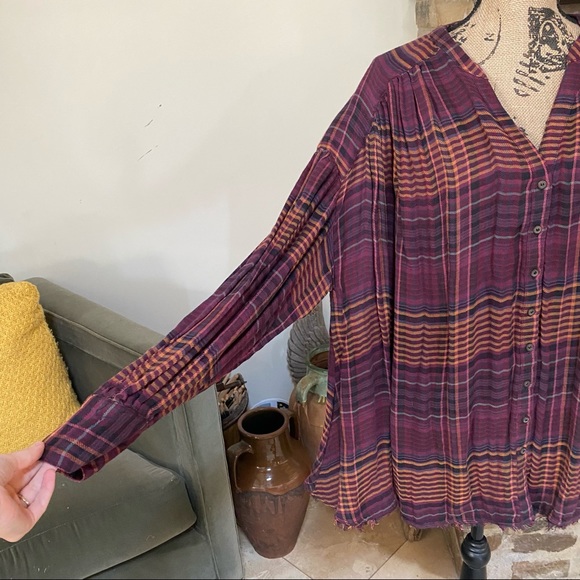 FREE PEOPLE COME OVER PLAID FLANNEL WINE M - Picture 8 of 9